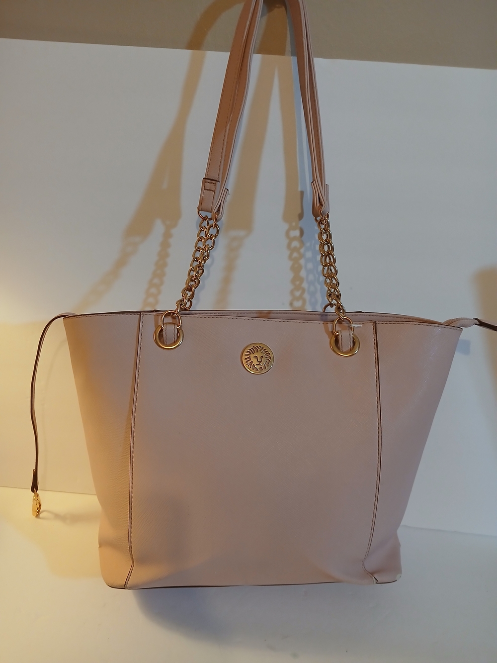 Soft Blush Pink Faux Leather Spacious-Durable-Tote Shoulder Bag-Gold Chains